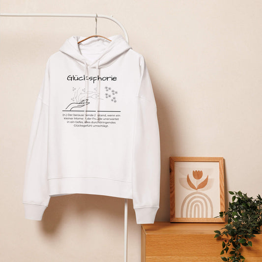 Glücksphorie Damen Hoodie – White – Hängend am Kleiderbügel – Wortstolz