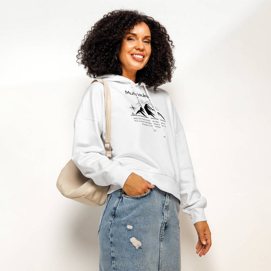 Mutglaubig Damen Hoodie – White – Model trägt Größe S – Wortstolz