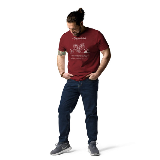 Verzweiliebeln Herren T-Shirt in Burgundy – weißer Aufdruck, Bio-Baumwolle, Model trägt Größe M – Wortstolz