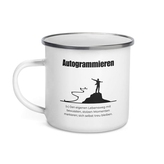 Autogrammieren Emailletasse in Weiß - neues Wort für den Lebensweg - Front mit Henkel links - Wortstolz Design