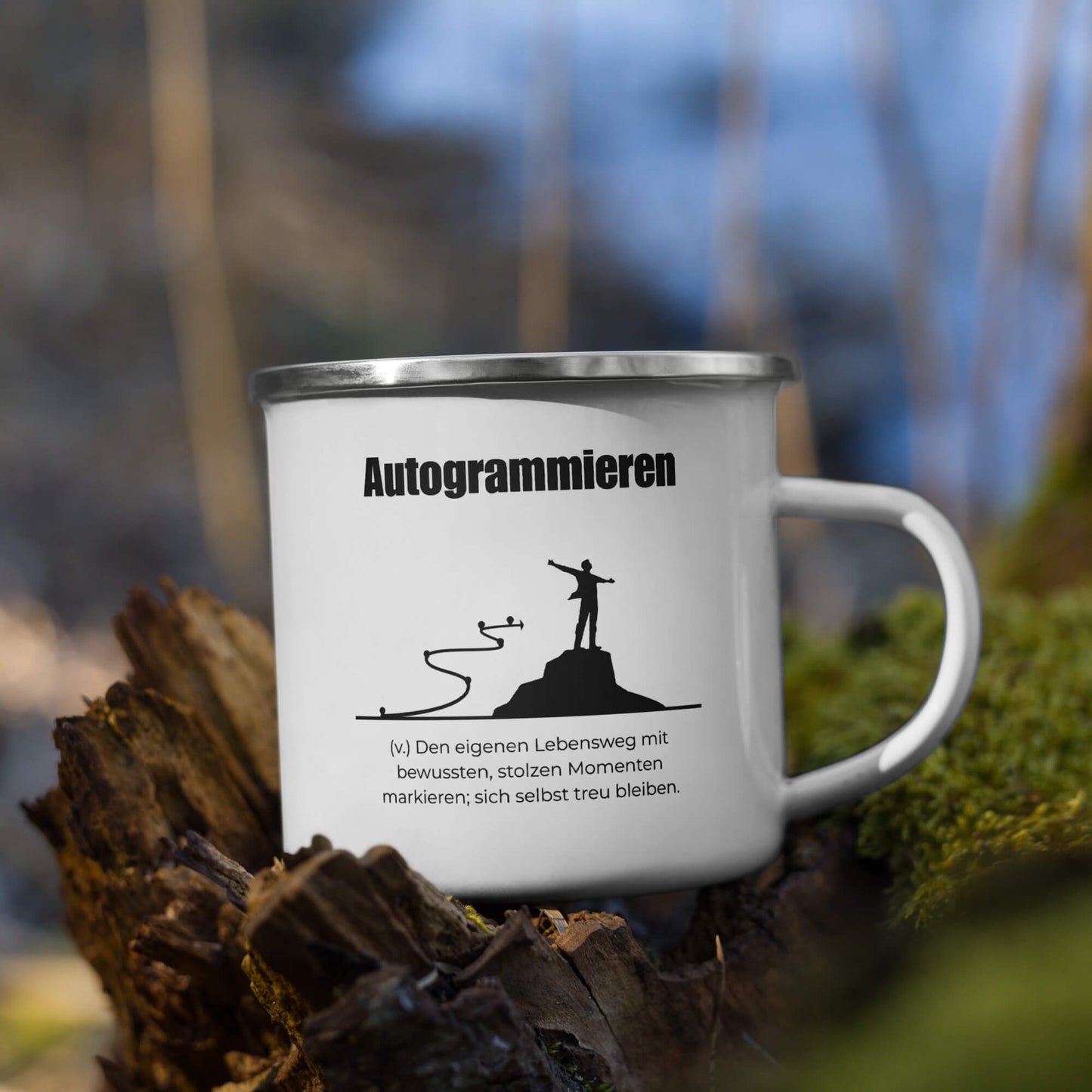 Autogrammieren Emailletasse in Weiß - neues Wort für den Lebensweg - Front mit Henkel rechts - Natur Baum - Wortstolz Design