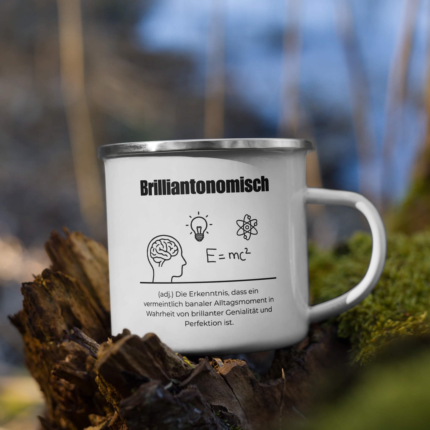 Brilliantonomisch Emailletasse in Weiß - neues Wort für Genialität und Perfektion - Front mit Henkel rechts - Natur Baum - Wortstolz Design