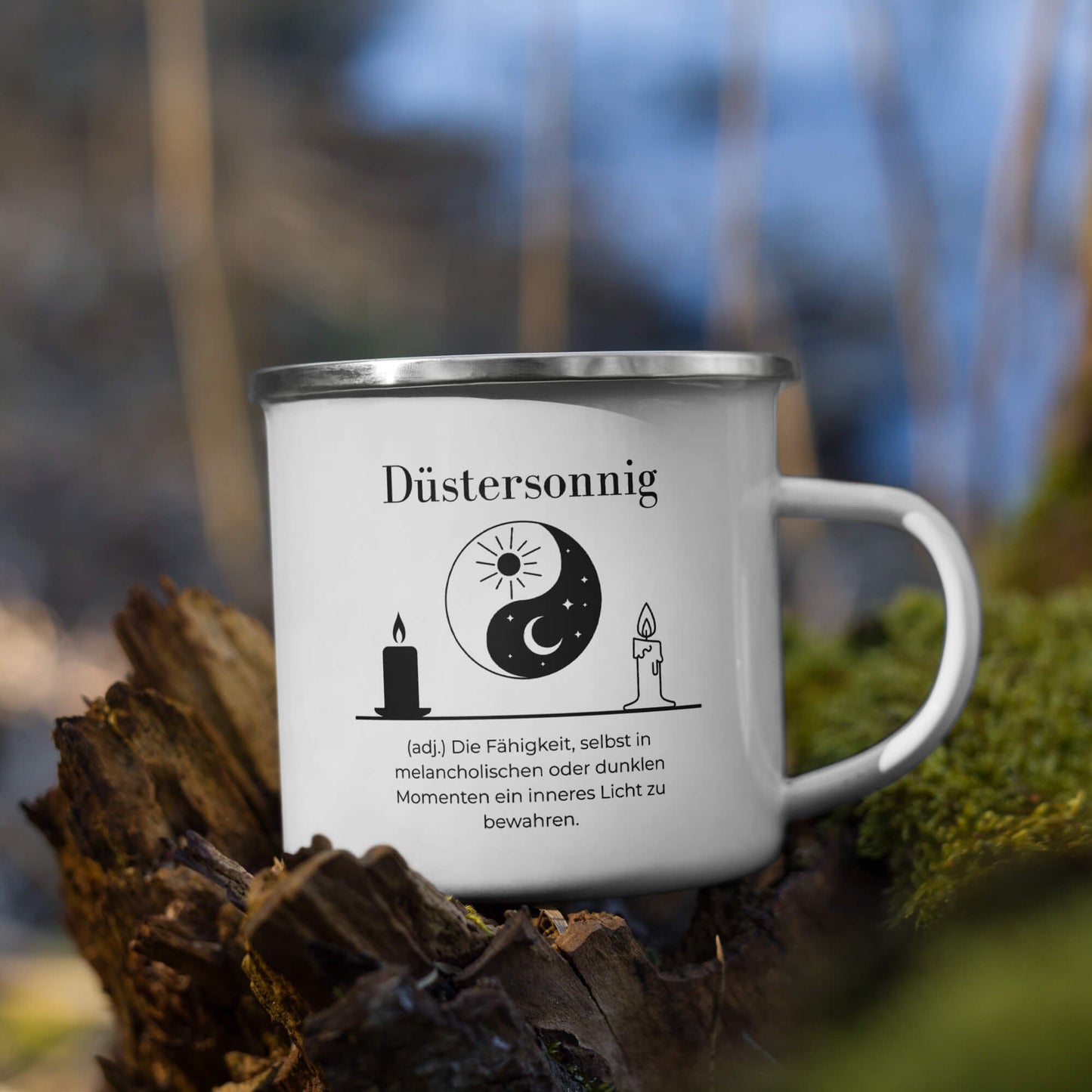 Düstersonnig Emailletasse in Weiß - neues Wort für Dunkelheit und inneres Licht - Front mit Henkel rechts - Natur Baum - Wortstolz Design
