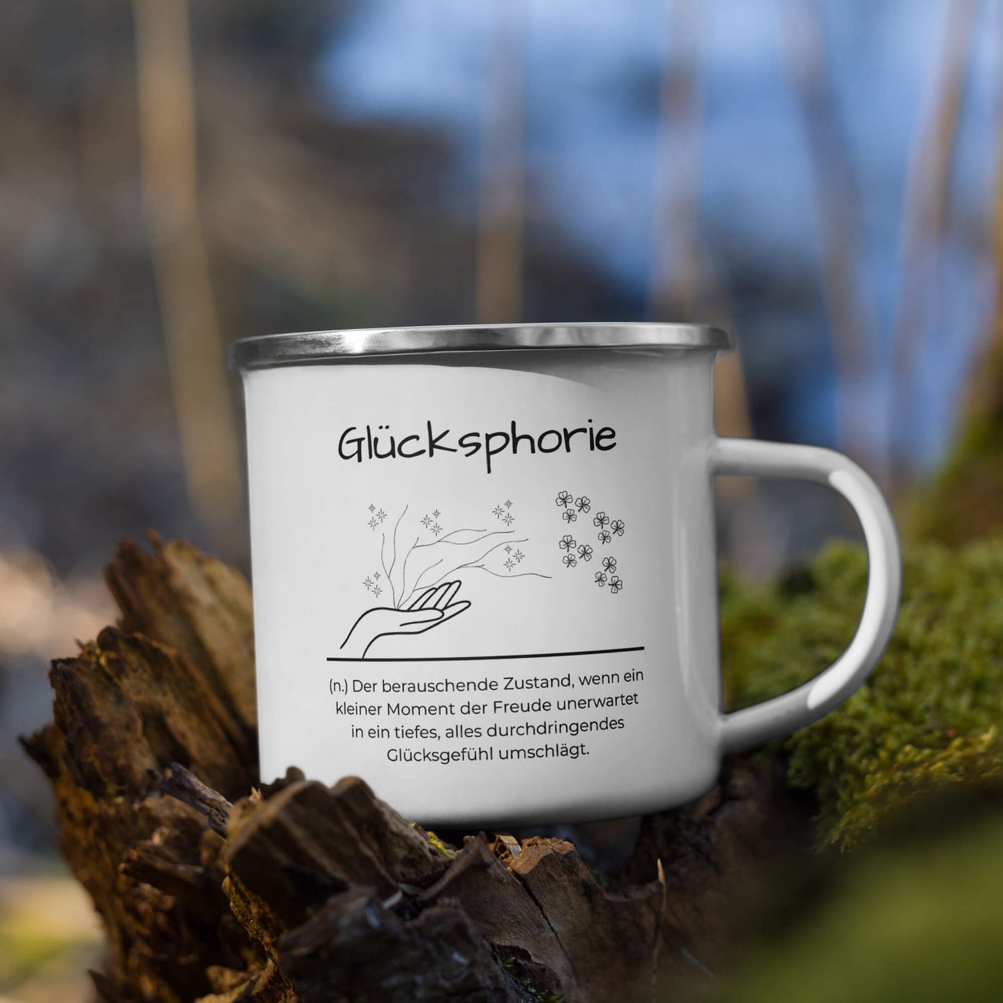 Glücksphorie Emailletasse in Weiß - neues Wort für Freude und Glück - Front mit Henkel rechts - Natur Baum - Wortstolz Design