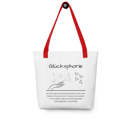 Glücksphorie - Stofftasche in Red -White aus Polyester und Baumwolle - Premium Edition - Frontansicht hängend mit schwarzem Print