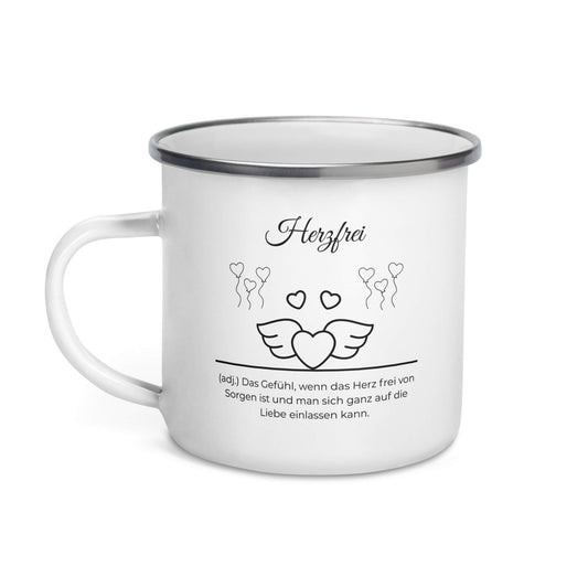 Herzfrei Emailletasse in Weiß - neues Wort für Freiheit und Liebe - Front mit Henkel links - Wortstolz Design
