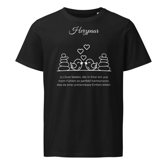 Herzpaar T-Shirt in Schwarz aus Bio-Baumwolle - neues Wort für perfekte Harmonie - Front - Wortstolz Design