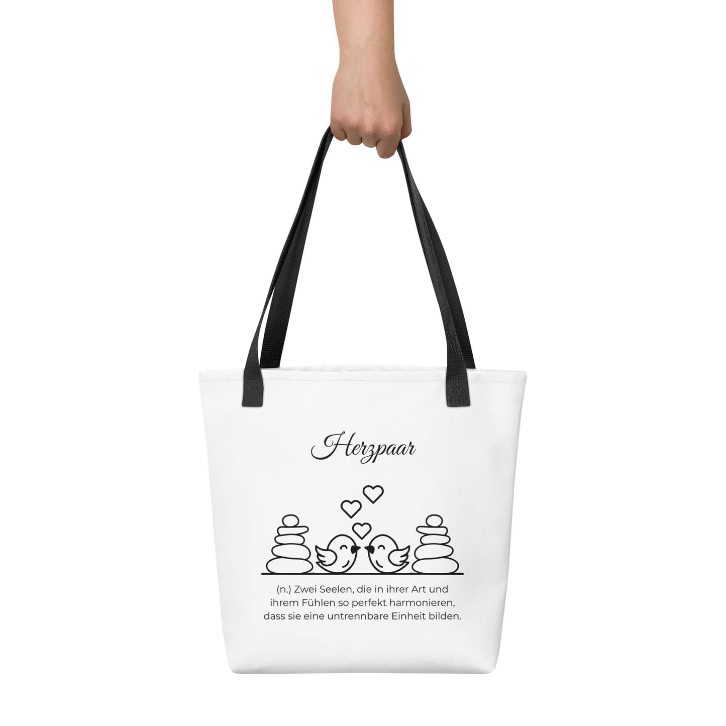 Herzpaar - Stofftasche in Black -White aus Polyester und Baumwolle - Premium Edition - Frontansicht haltend in Hand mit schwarzem Print