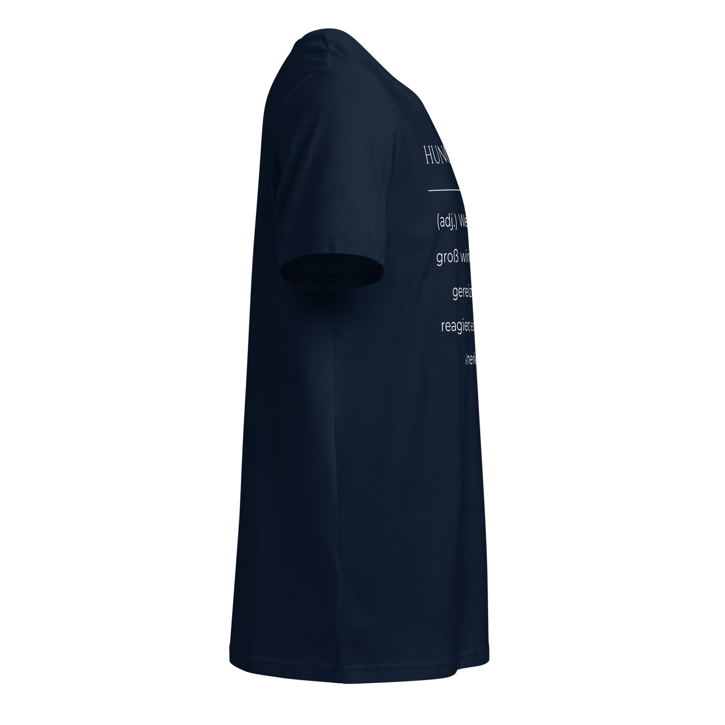 Hungrigrantisch T-Shirt in Marineblau aus Bio-Baumwolle - neues Wort für hungrig und grantig - Rechts - Wortstolz Design