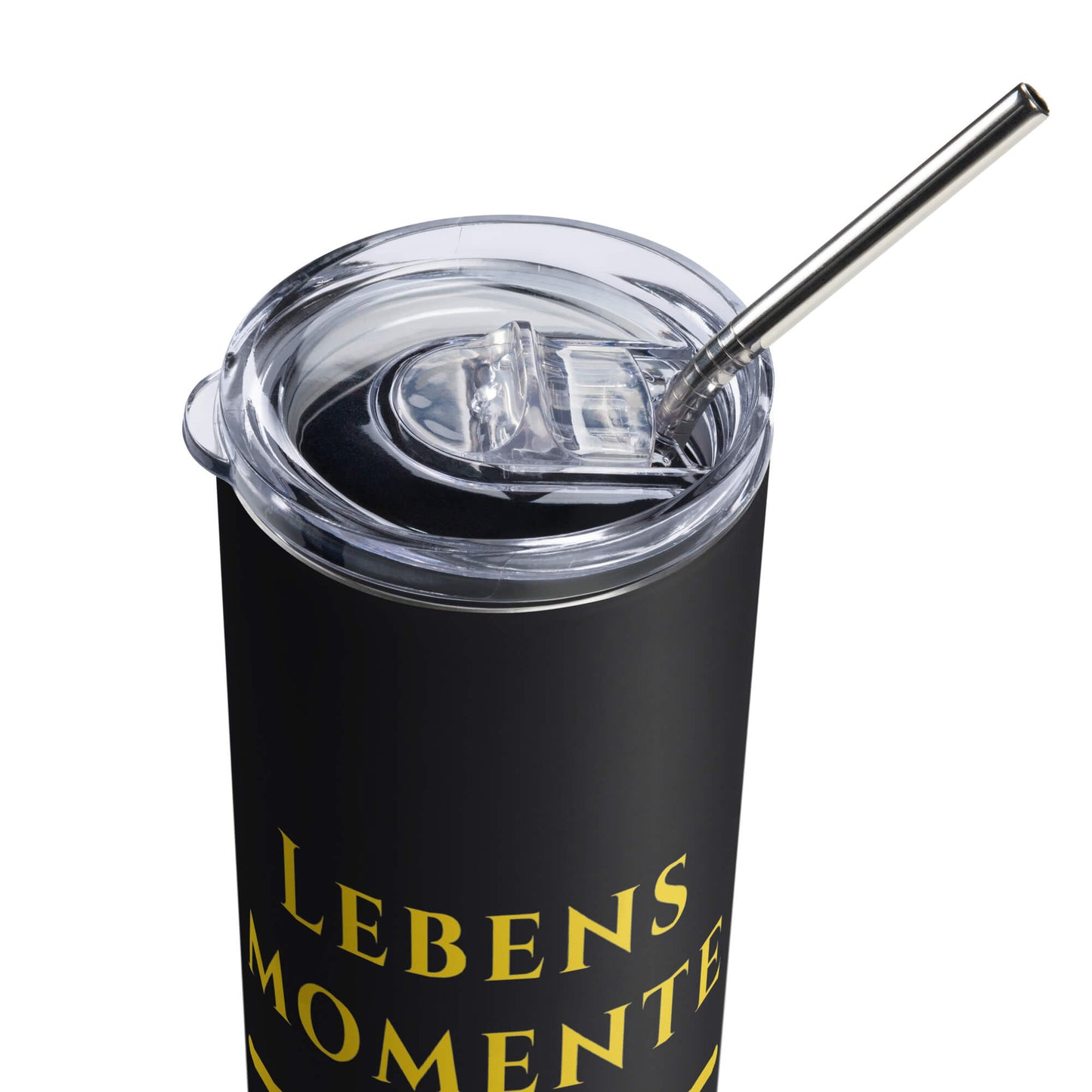 Lebensmomente Gold Edelstahlbecher in Schwarz - inklusive Deckel und Strohhalm - Gesamt - Welt für Alltag und Humor - Wortstolz Design