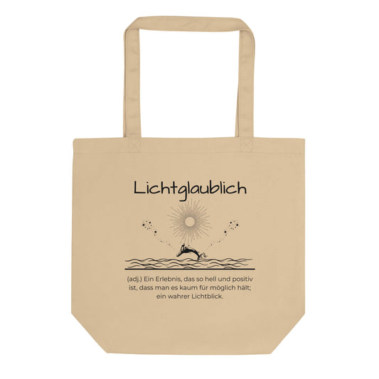 Lichtglaublich Bio-Stoffbeutel. Einkaufstasche in Oyster aus Bio-Baumwolle - Res5 Edition - Frontansichtmit schwarzem Print