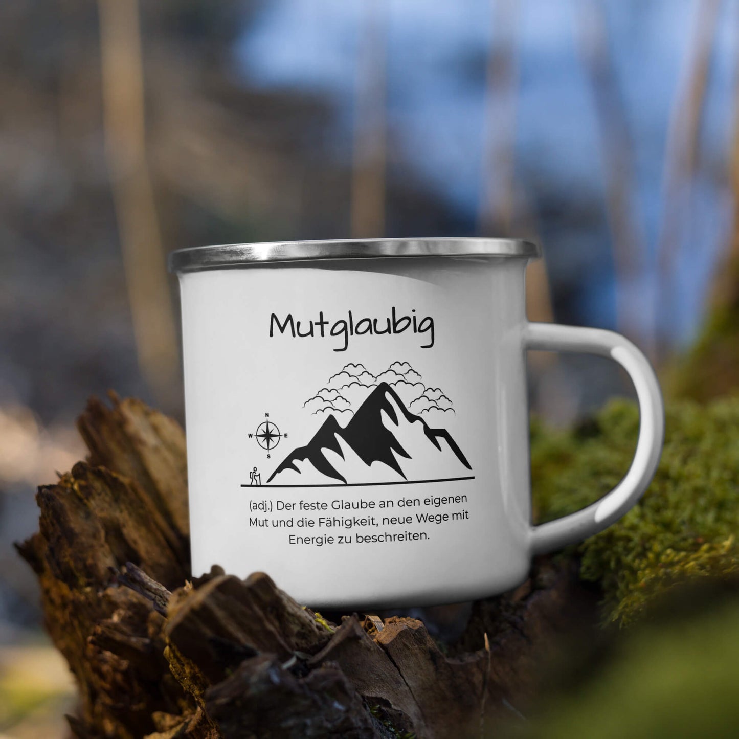 Mutglaubig Emailletasse in Weiß - neues Wort für Mut und Fähigkeit - Front mit Henkel rechts - Natur Baum - Wortstolz Design