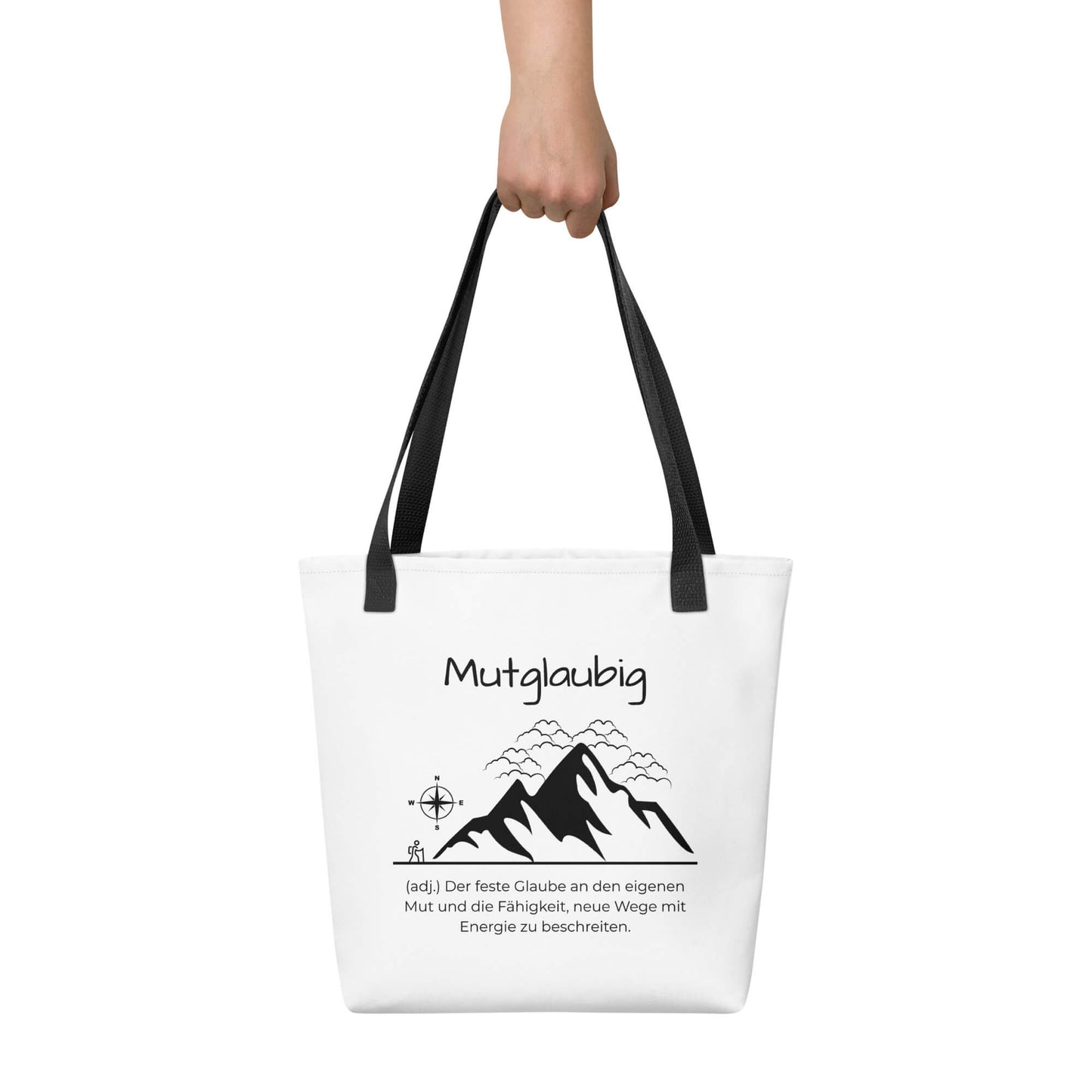 Mutglaubig - Stofftasche in Black -White aus Polyester und Baumwolle - Premium Edition - Frontansicht haltend in Hand mit schwarzem Print