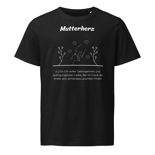Geschenk T-Shirt - Mutterherz T-Shirt in Schwarz aus 155g/m² Bio-Baumwolle, Res5 Edition, Frontansicht mit weißem Print