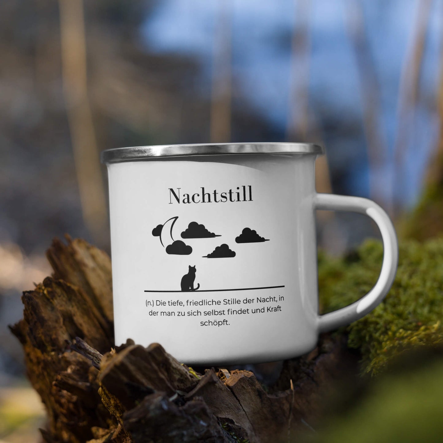 Nachtstill Emailletasse in Weiß - neues Wort für Stille und Kraft - Front mit Henkel rechts - Natur Baum - Wortstolz Design