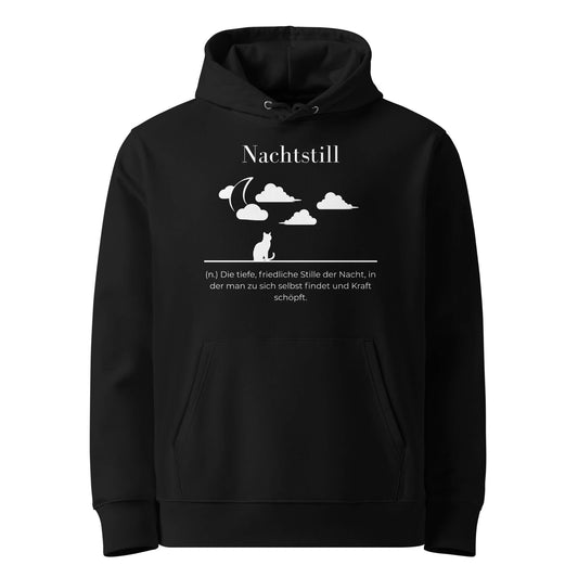 Hoodie mit Spruch - Nachtstill Kapuzenpullover in Schwarz aus Bio-Baumwolle - Premium Edition - Frontansicht mit weißem Print