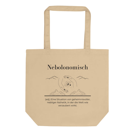 Nebolonomisch Bio-Stoffbeutel. Einkaufstasche in Oyster aus Bio-Baumwolle - Res5 Edition - Frontansichtmit schwarzem Print
