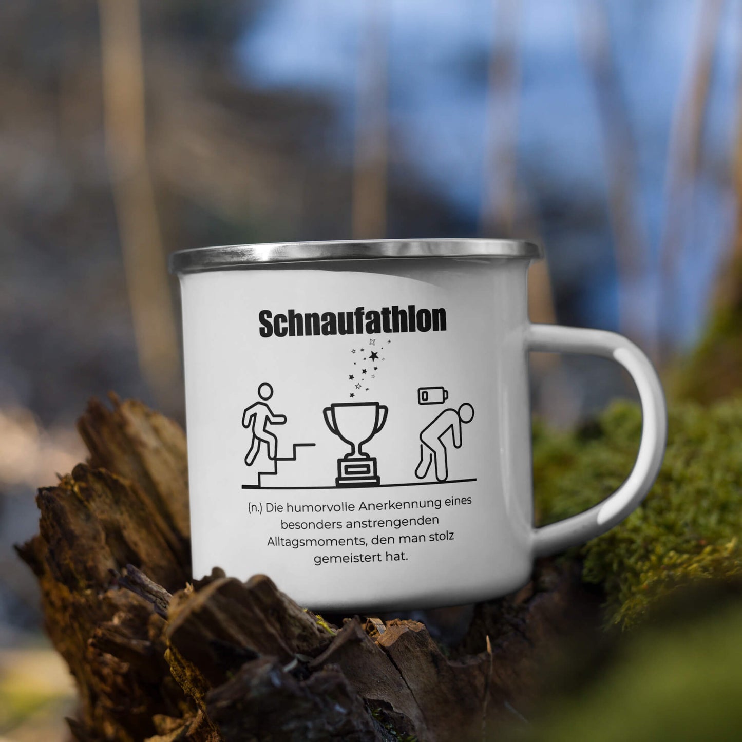 Emailletasse mit Spruch - Schnaufathlon für unterwegs in Weiß - Premium Edition - Frontansicht mit schwarzem Print - Natur Baum - Henkel rechts