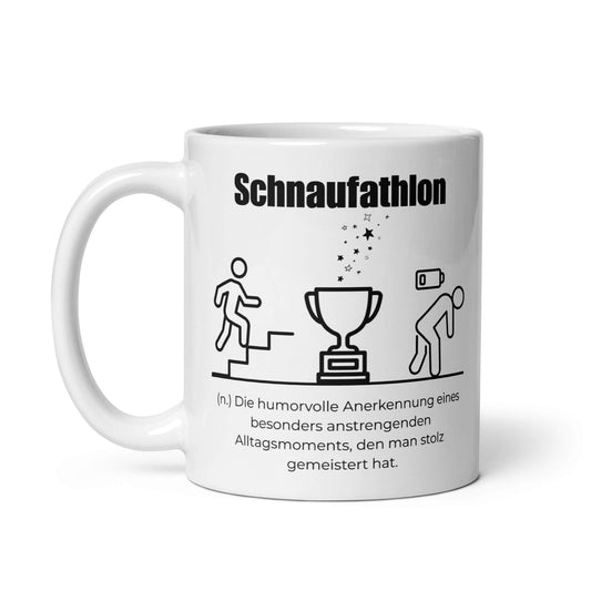 Tasse mit Spruch - Schnaufathlon Keramiktasse in Weiß - Res5 Edition - Frontansicht mit schwarzem Print - Henkel links