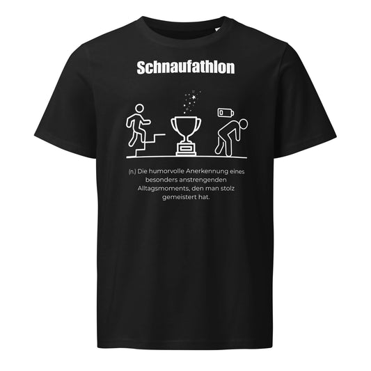 T-Shirt mit Spruch - Schnaufathlon T-Shirt in Schwarz aus 155g/m² Bio-Baumwolle, Res5 Edition, Frontansicht mit weißem Print