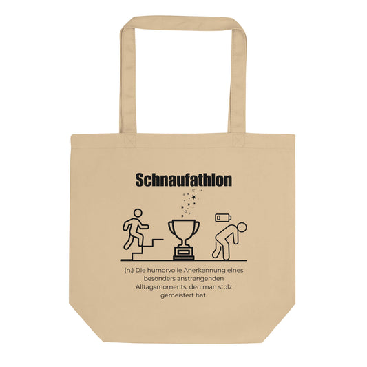 Schnaufathlon Bio-Stoffbeutel. Einkaufstasche in Oyster aus Bio-Baumwolle - Res5 Edition - Frontansichtmit schwarzem Print