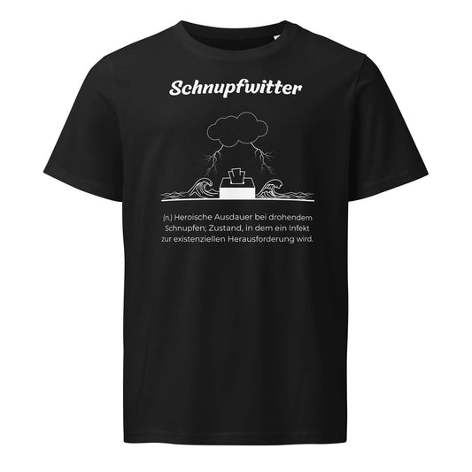 Geschenk T-Shirt - Schnupfwitter T-Shirt in Schwarz aus 155g/m² Bio-Baumwolle, Res5 Edition, Frontansicht mit weißem Print