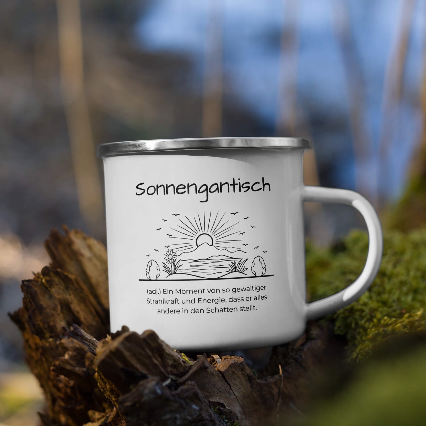 Sonnengantisch Emailletasse in Weiß - neues Wort für Strahlkraft und Energie - Front mit Henkel rechts - Natur Baum - Wortstolz Design