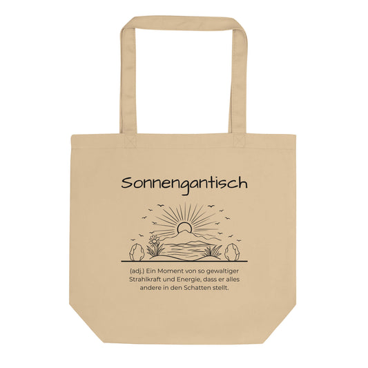 Sonnengantisch Bio-Stoffbeutel. Einkaufstasche in Oyster aus Bio-Baumwolle - Res5 Edition - Frontansichtmit schwarzem Print