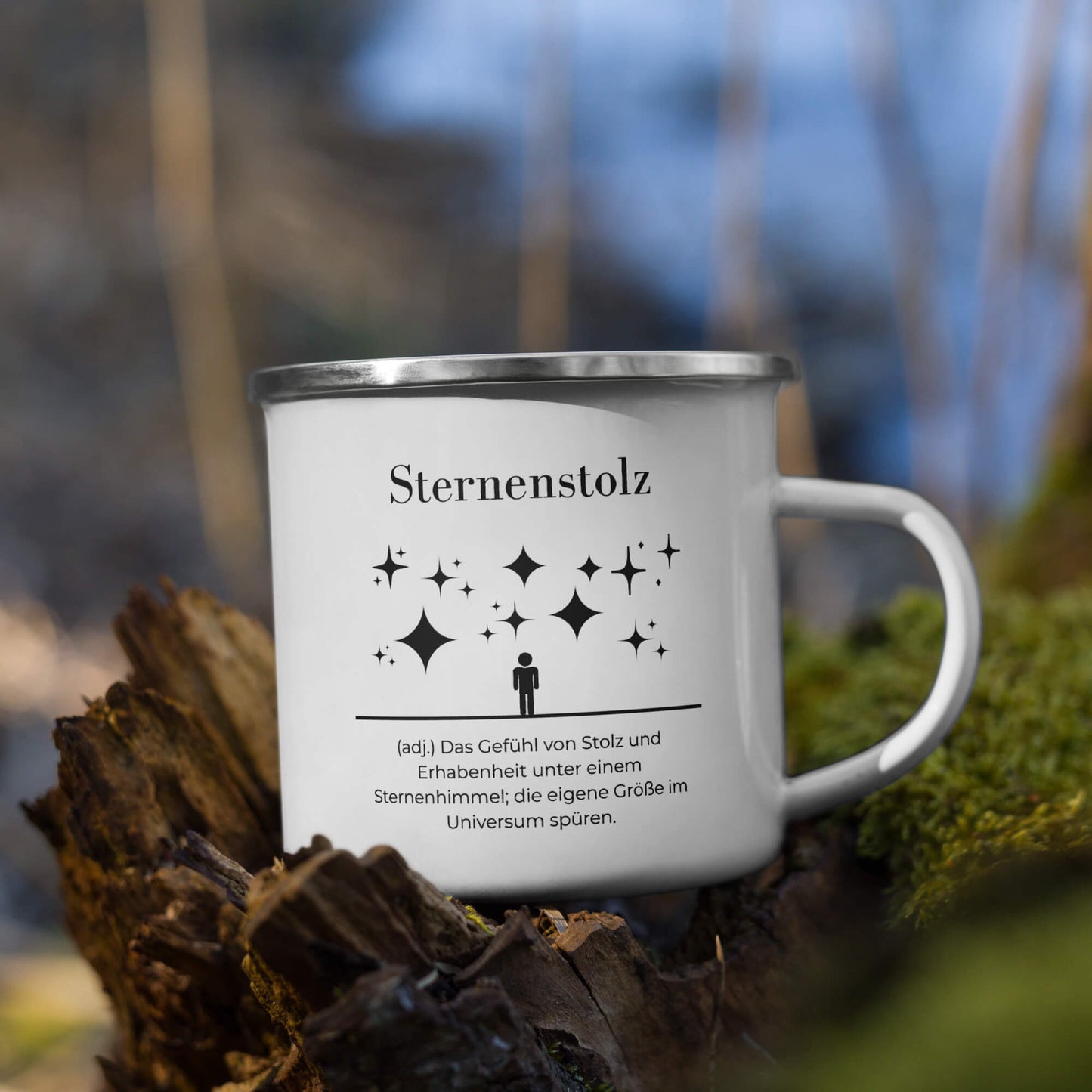 Sternenstolz Emailletasse in Weiß - neues Wort für Größe und Stolz - Front mit Henkel rechts - Natur Baum - Wortstolz Design