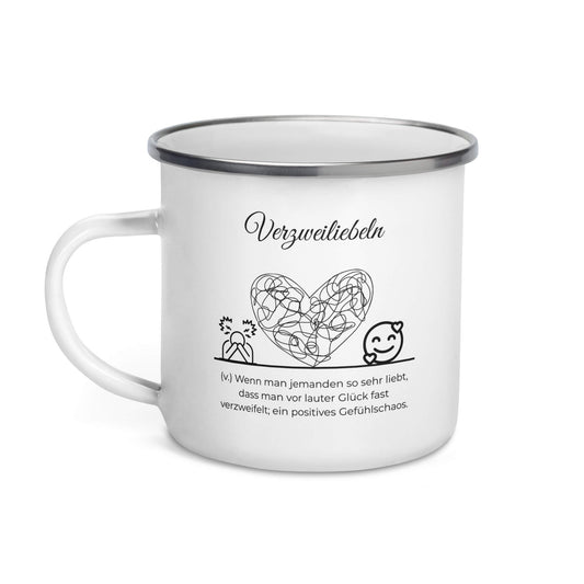 Verzweiliebeln Emailletasse in Weiß - neues Wort für positives Gefühlschaos - Front mit Henkel links - Wortstolz Design