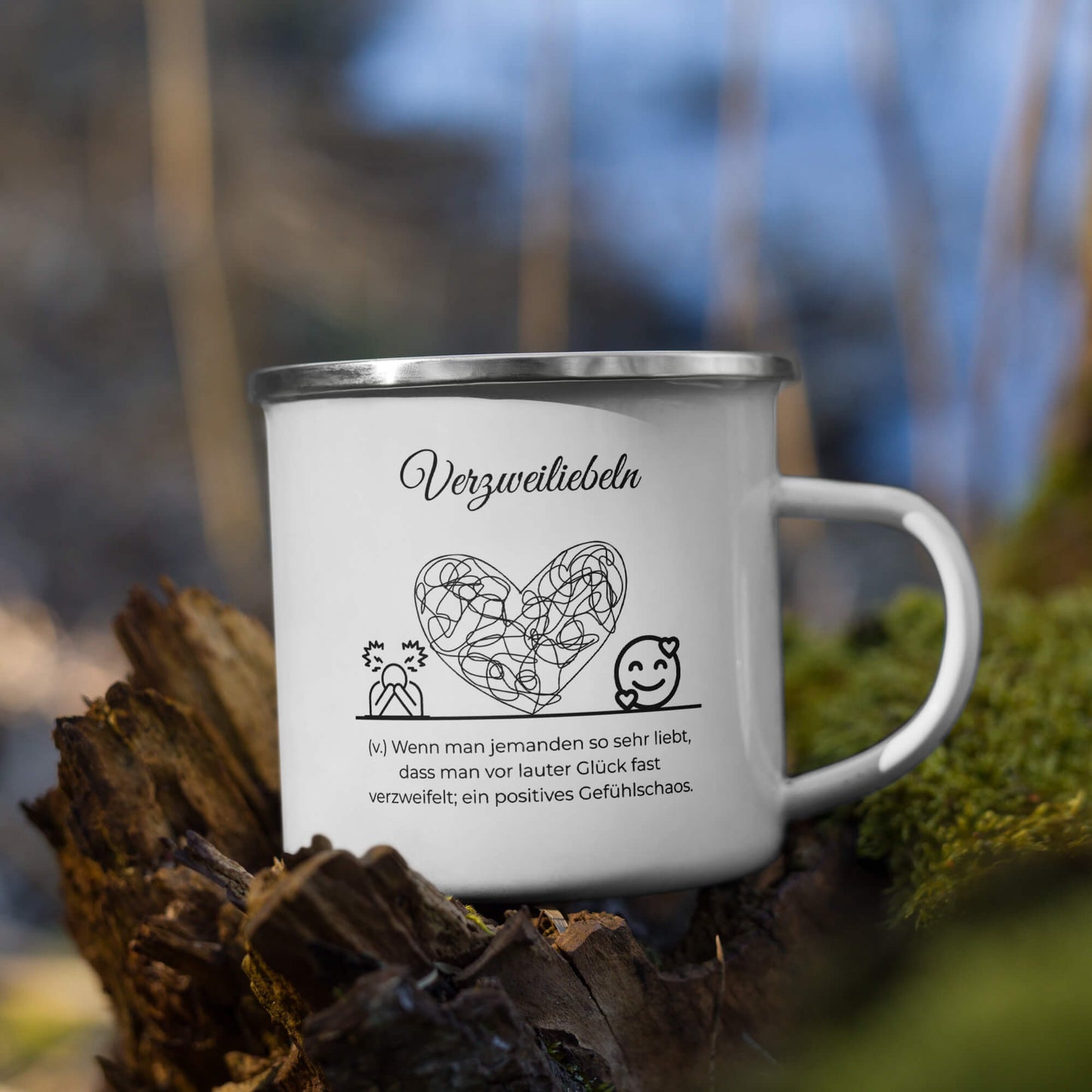 Verzweiliebeln Emailletasse in Weiß - neues Wort für positives Gefühlschaos - Front mit Henkel rechts - Natur Baum - Wortstolz Design