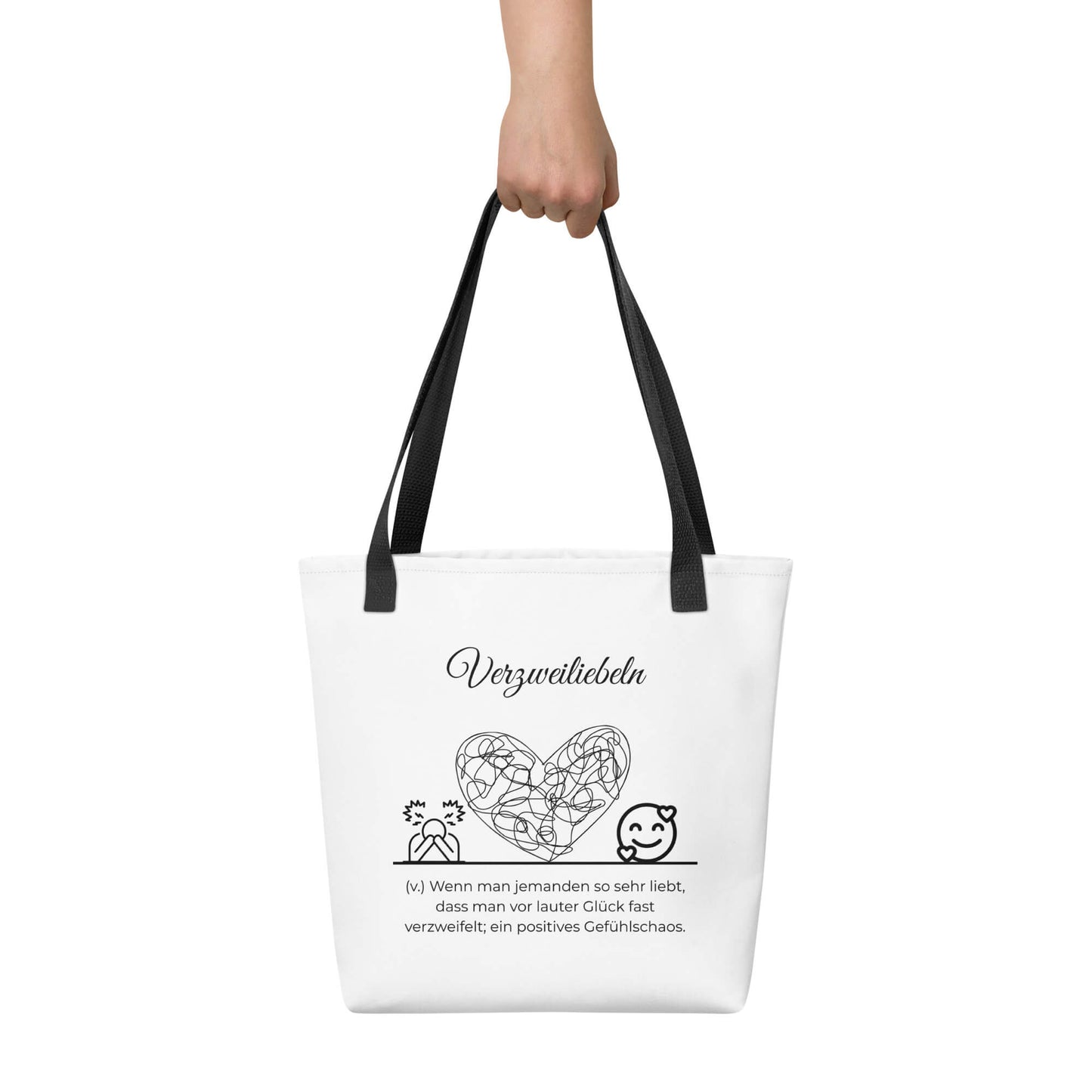 Verzweiliebeln - Stofftasche in Black -White aus Polyester und Baumwolle - Premium Edition - Frontansicht haltend in Hand mit schwarzem Print