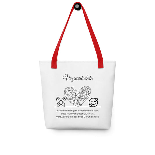Verzweiliebeln - Stofftasche in Red -White aus Polyester und Baumwolle - Premium Edition - Frontansicht hängend mit schwarzem Print