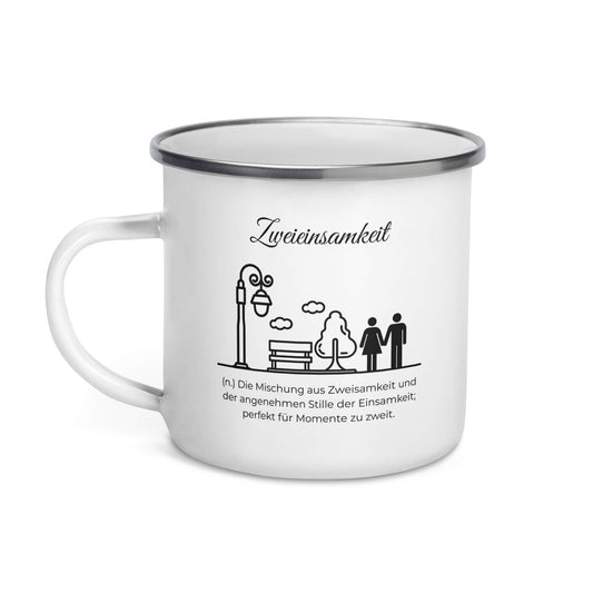Zweieinsamkeit Emailletasse in Weiß - neues Wort für perfekte Momente zu zweit - Front mit Henkel links - Wortstolz Design