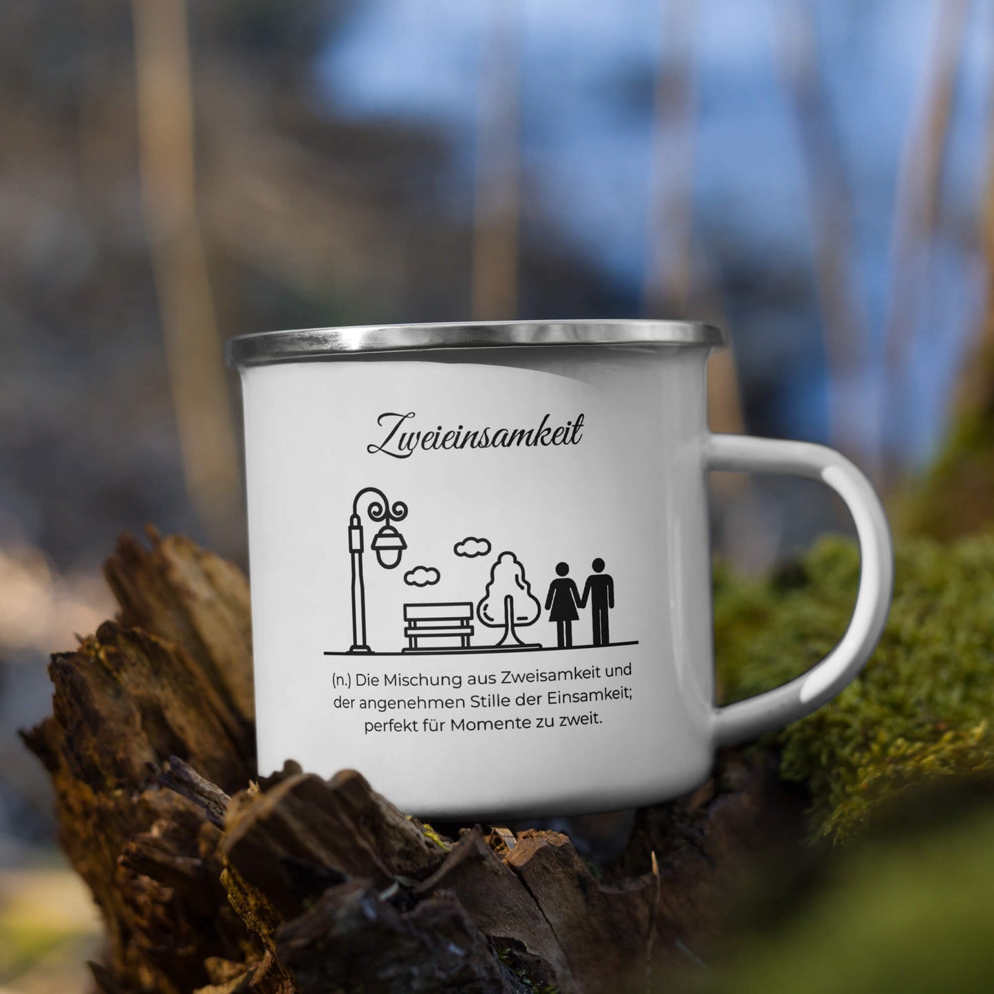 Zweieinsamkeit Emailletasse in Weiß - neues Wort für perfekte Momente zu zweit - Front mit Henkel rechts - Natur Baum - Wortstolz Design