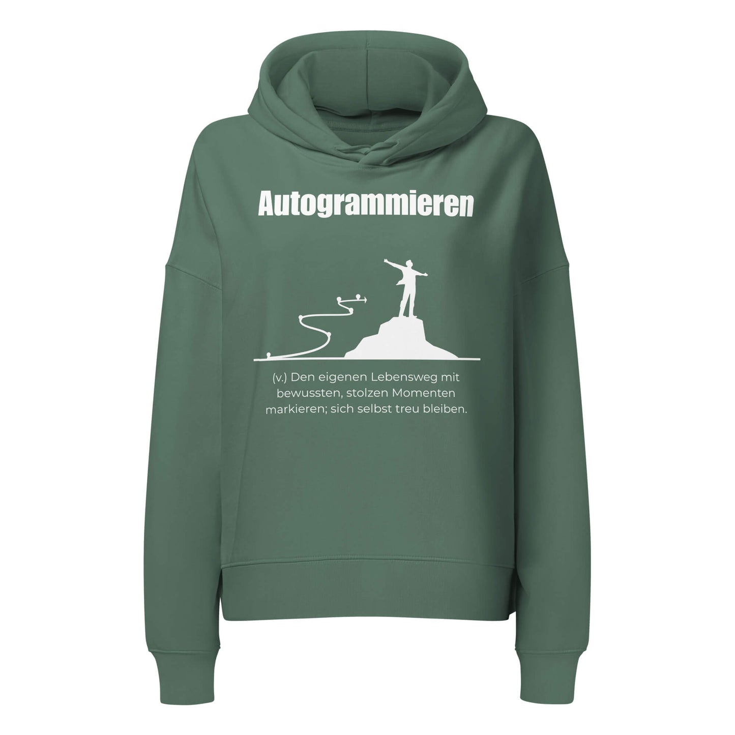 Autogrammieren Damen Hoodie in Green Bay – weißer Aufdruck, Bio-Baumwolle, femininer Schnitt – Wortstolz