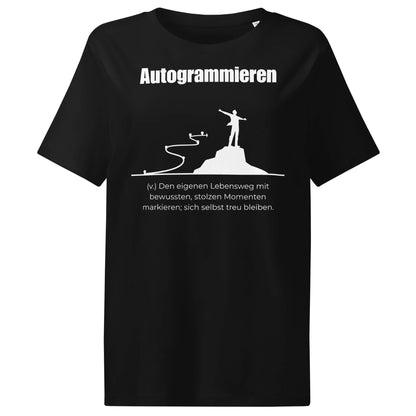 Autogrammieren Damen T-Shirt in Black – weißer Aufdruck, Bio-Baumwolle, femininer Schnitt – Wortstolz