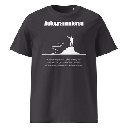 Autogrammieren Herren T-Shirt in Anthracite – weißer Aufdruck, Bio-Baumwolle, maskuliner Schnitt – Wortstolz