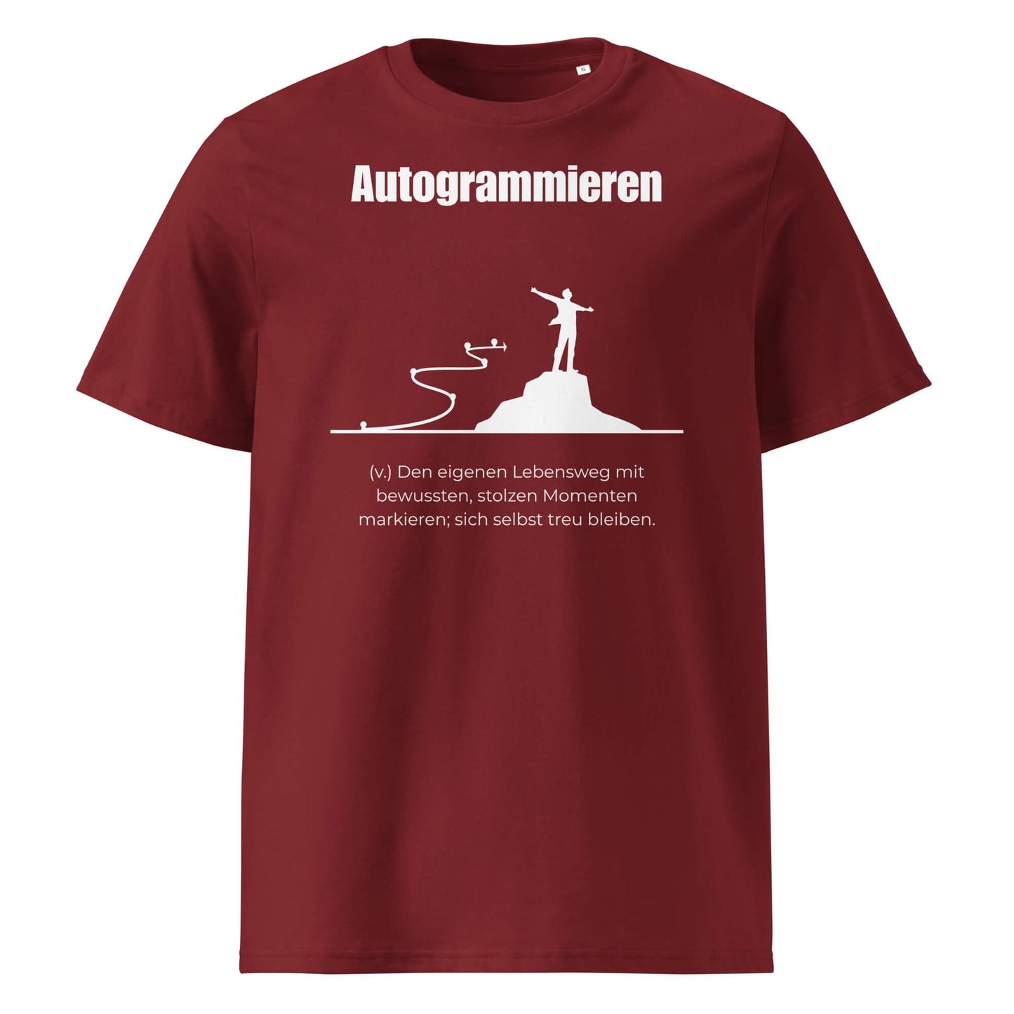 Autogrammieren Herren T-Shirt in Burgundy – weißer Aufdruck, Bio-Baumwolle, maskuliner Schnitt – Wortstolz