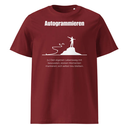 Autogrammieren Herren T-Shirt in Burgundy – weißer Aufdruck, Bio-Baumwolle, maskuliner Schnitt – Wortstolz