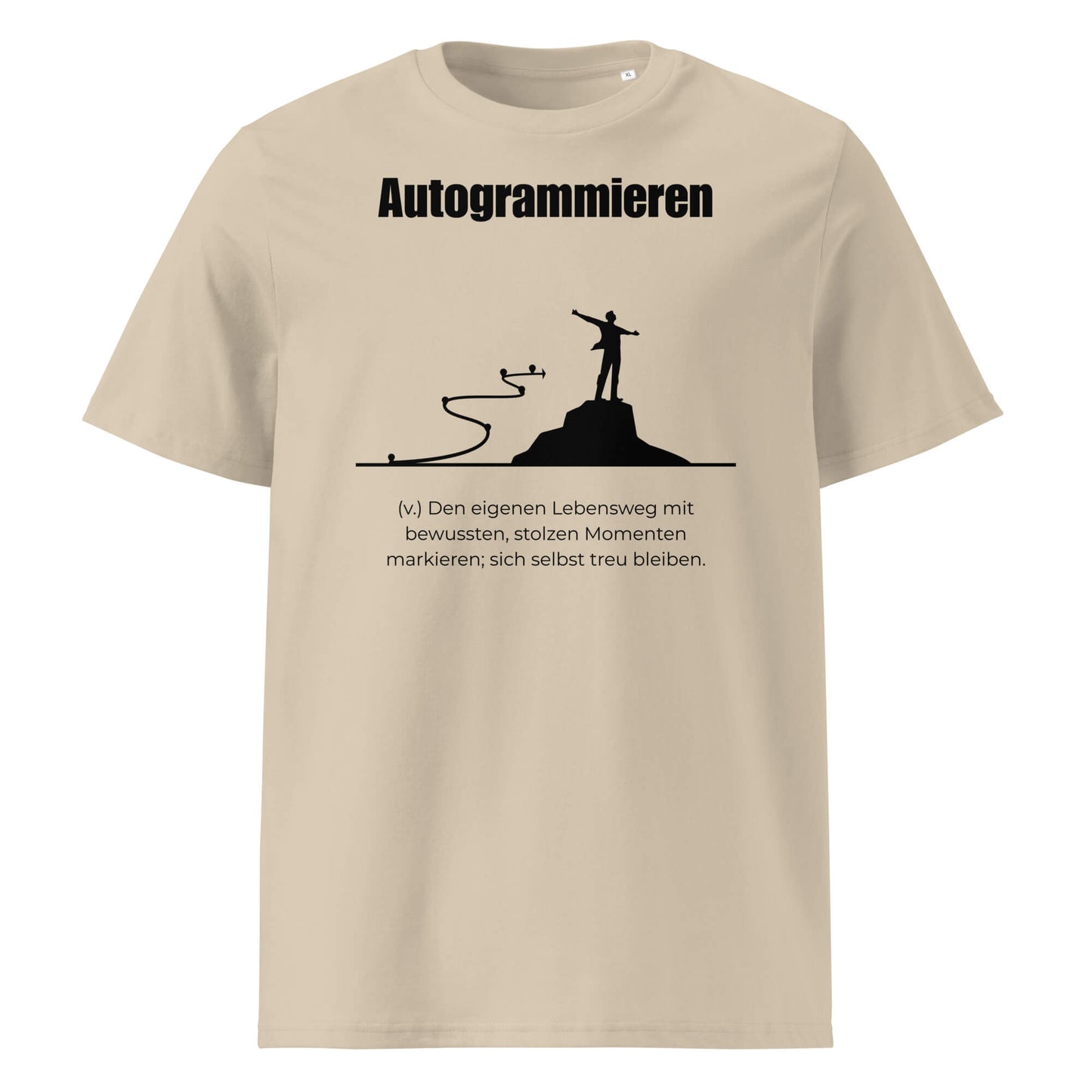 Autogrammieren Herren T-Shirt in Desert Dust – schwarzer Aufdruck, Bio-Baumwolle, maskuliner Schnitt – Wortstolz