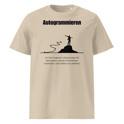 Autogrammieren Herren T-Shirt in Desert Dust – schwarzer Aufdruck, Bio-Baumwolle, maskuliner Schnitt – Wortstolz