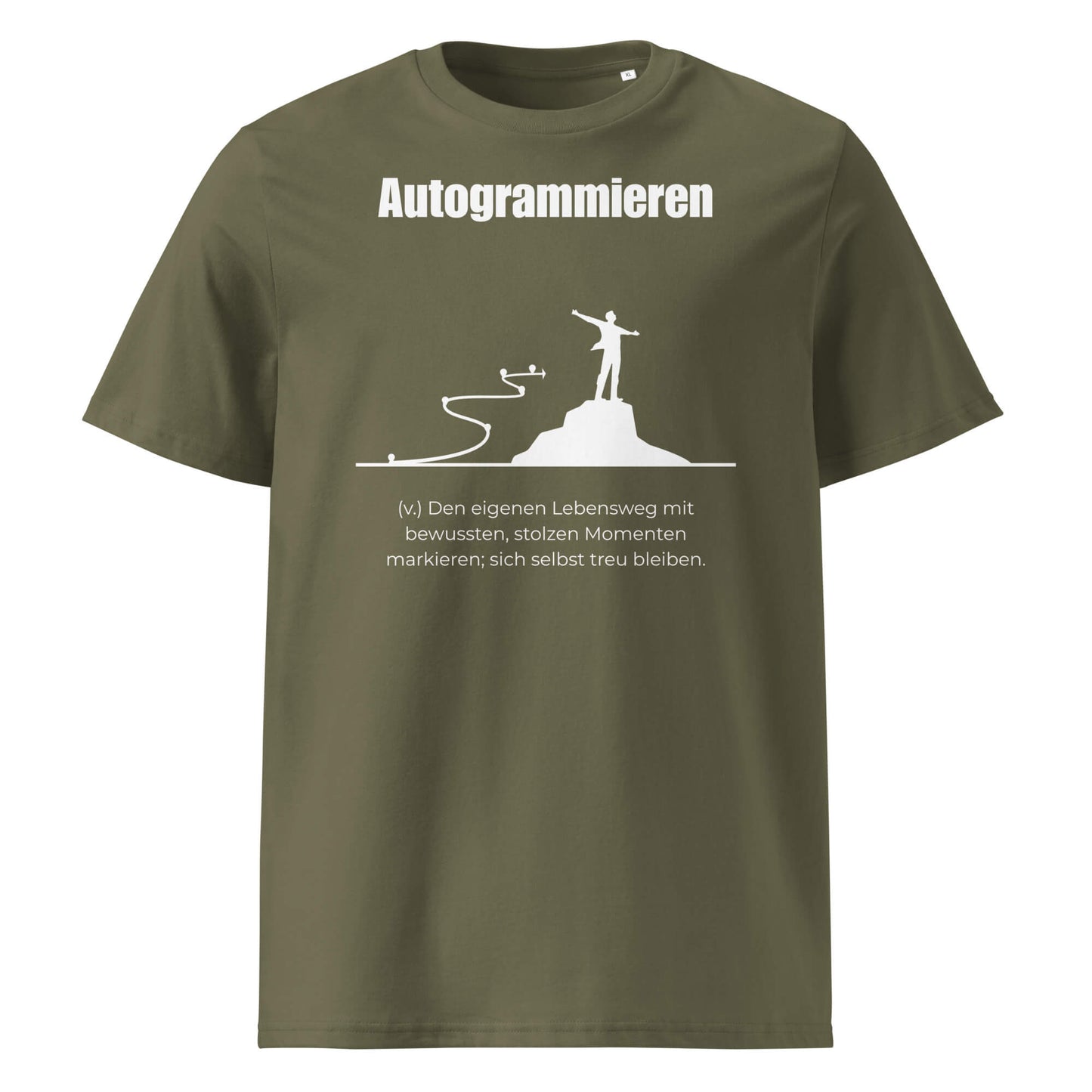 Autogrammieren Herren T-Shirt in Khaki – weißer Aufdruck, Bio-Baumwolle, maskuliner Schnitt – Wortstolz