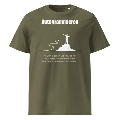 Autogrammieren Herren T-Shirt in Khaki – weißer Aufdruck, Bio-Baumwolle, maskuliner Schnitt – Wortstolz
