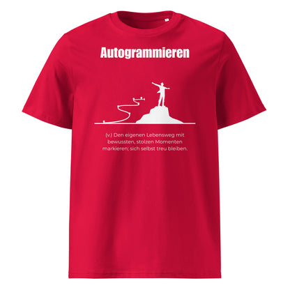 Autogrammieren Herren T-Shirt in Red – weißer Aufdruck, Bio-Baumwolle, maskuliner Schnitt – Wortstolz