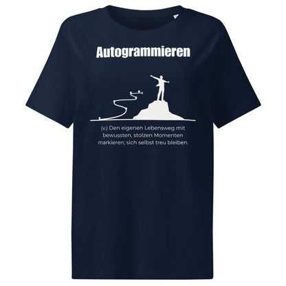 Autogrammieren Damen T-Shirt in French Navy – weißer Aufdruck, Bio-Baumwolle, femininer Schnitt – Wortstolz