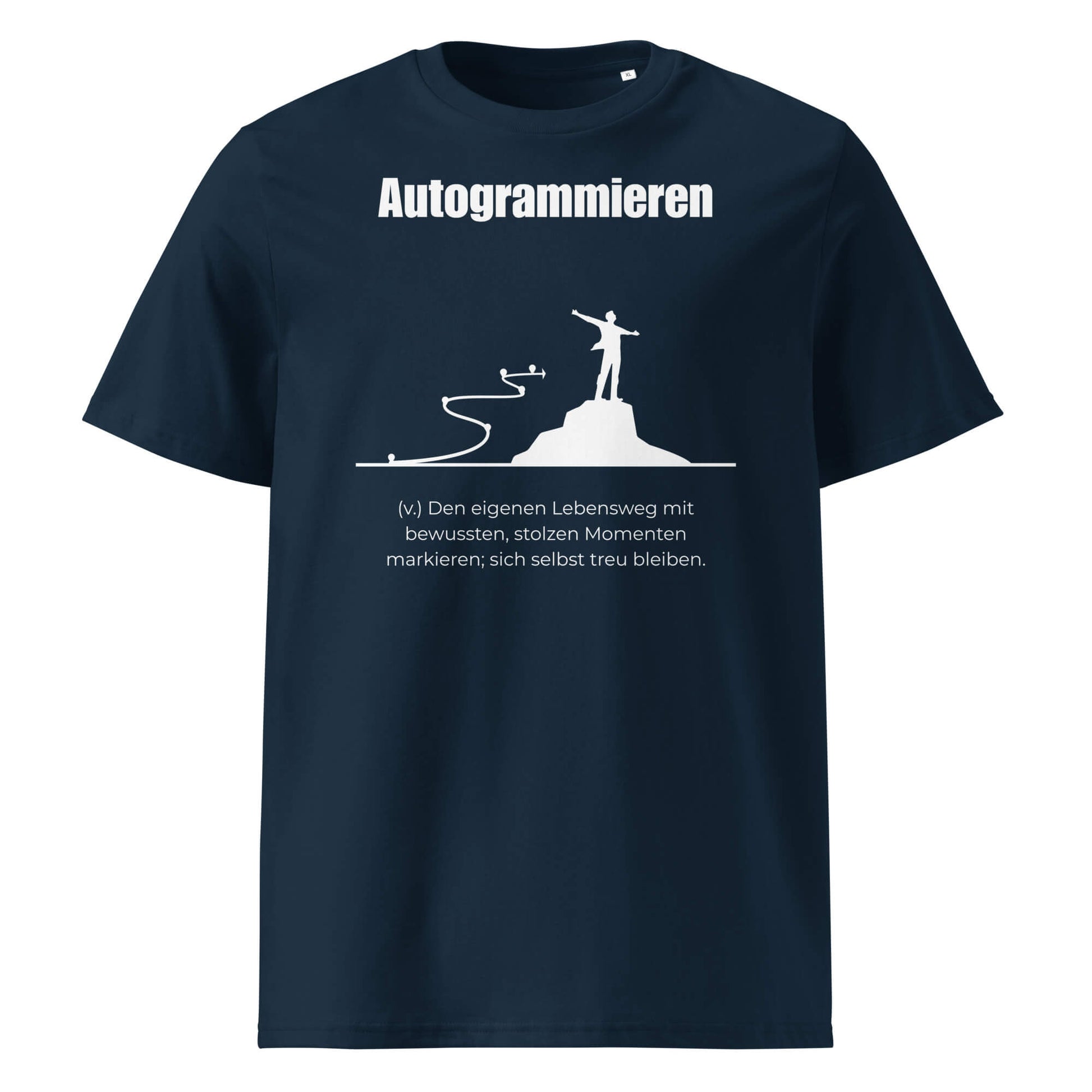 Autogrammiren Herren T-Shirt in French Navy – weißer Aufdruck, Bio-Baumwolle, maskuliner Schnitt – Wortstolz