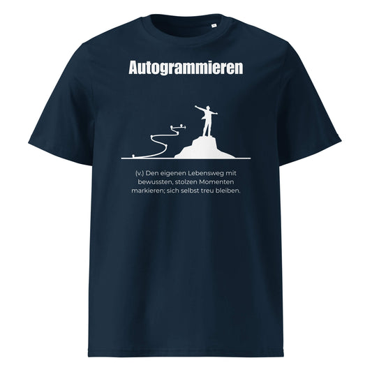 Autogrammiren Herren T-Shirt in French Navy – weißer Aufdruck, Bio-Baumwolle, maskuliner Schnitt – Wortstolz
