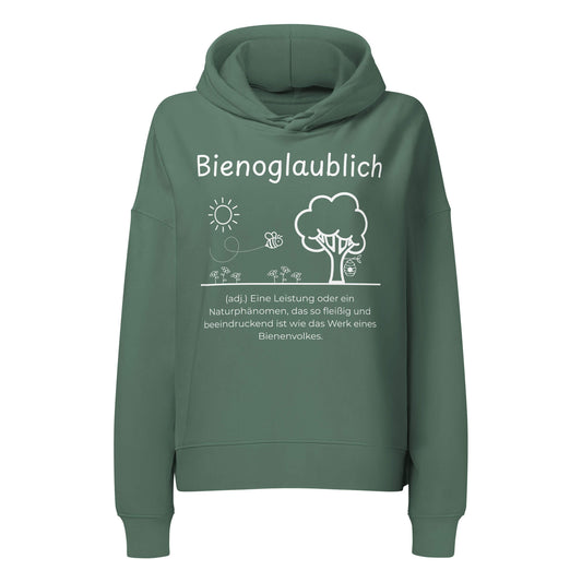 Bienoglaublich Damen Hoodie in Green Bay – weißer Aufdruck, Bio-Baumwolle, femininer Schnitt – Wortstolz