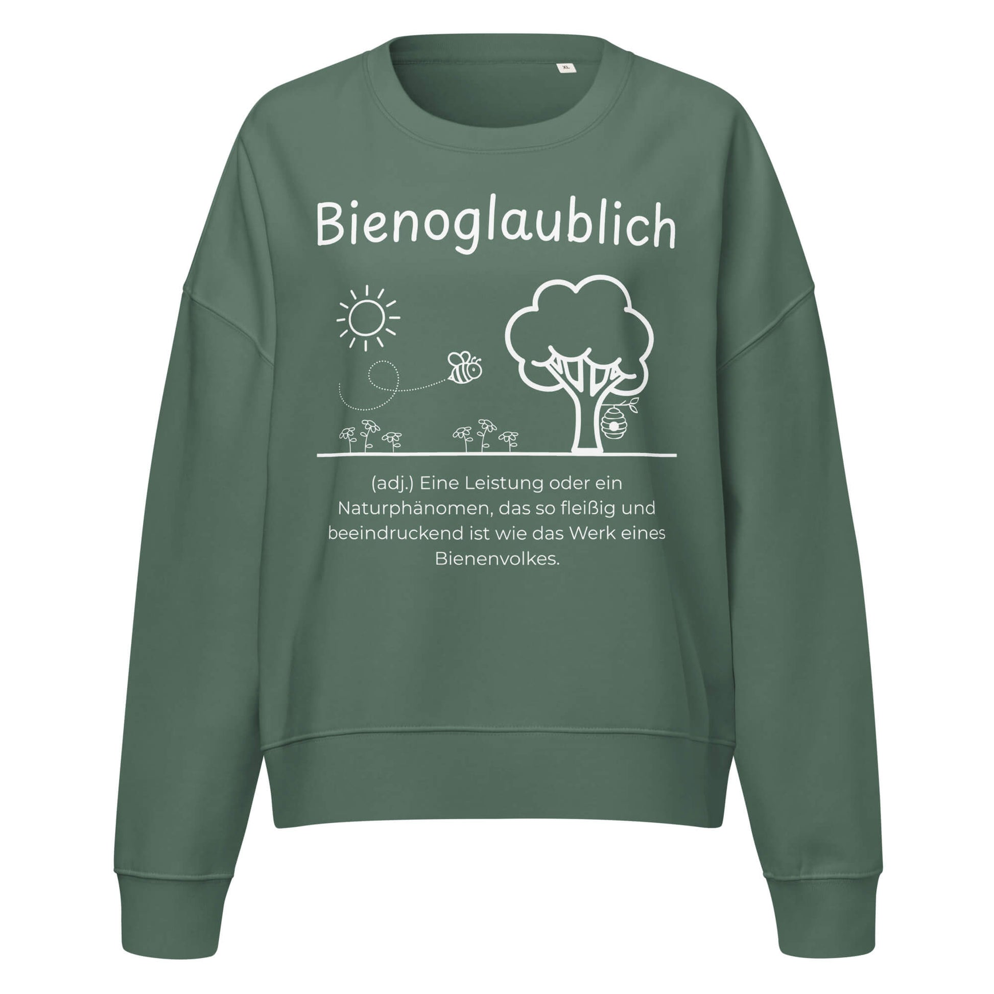 Bienoglaublich Damen Pullover in Green Bay – weißer Aufdruck, Bio-Baumwolle, femininer Schnitt – Wortstolz